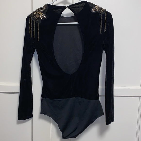 Zara Small Black Velvet Bodysuit Beaded Shoulders - Picture 3 of 13